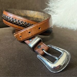 Tony Lama vintage genuine leather belt with braided center silver buckle 36